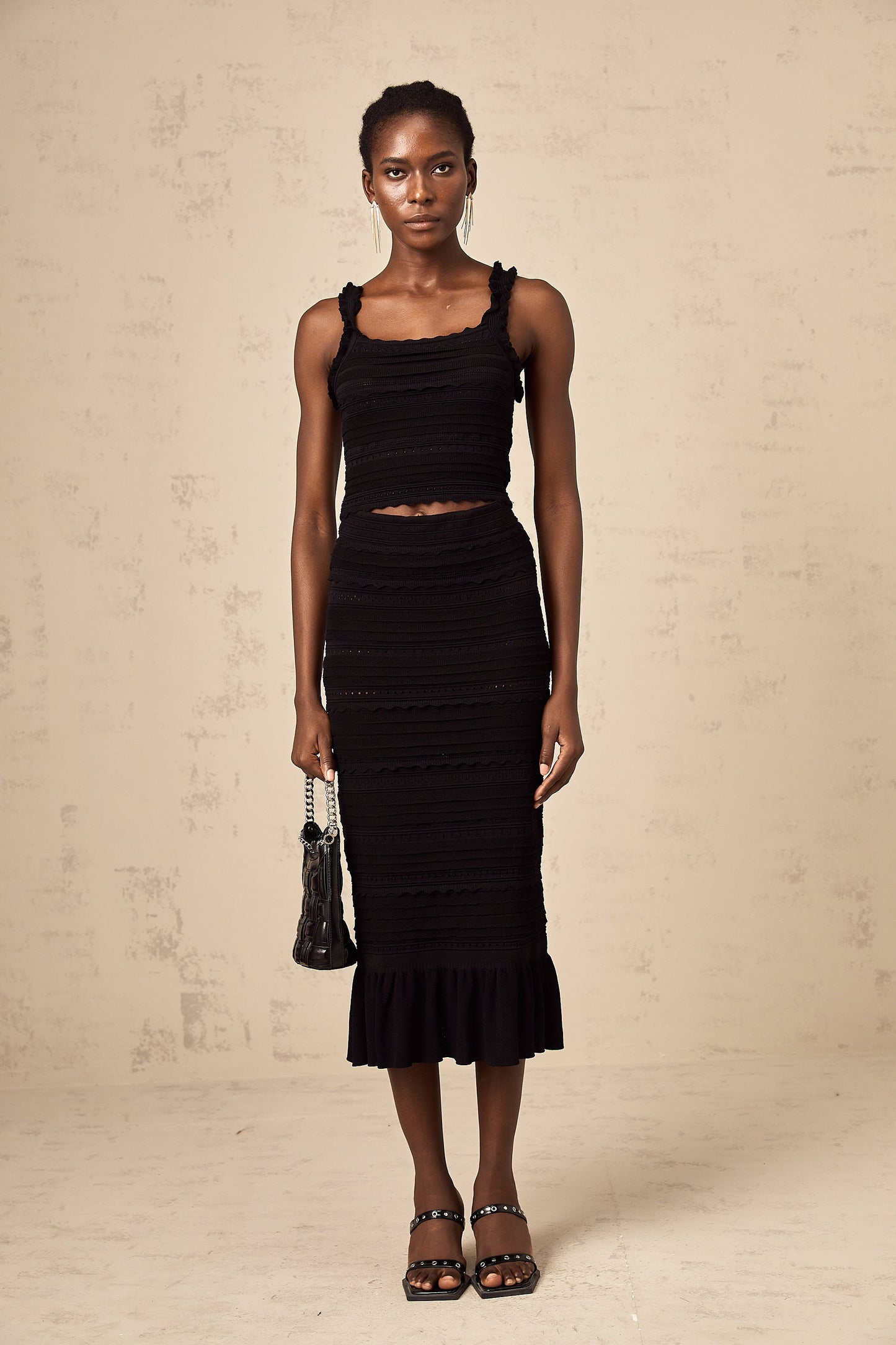 Céleste black knitted ruffled top & skirt matching set