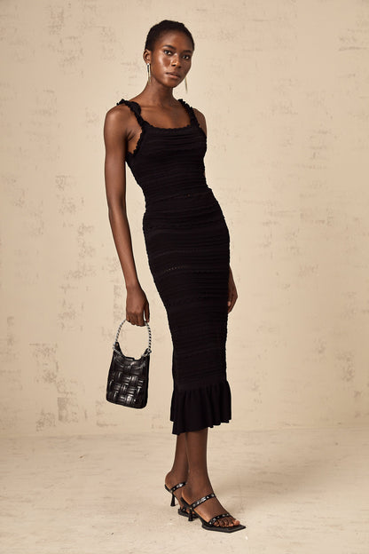 Céleste black knitted ruffled top & skirt matching set