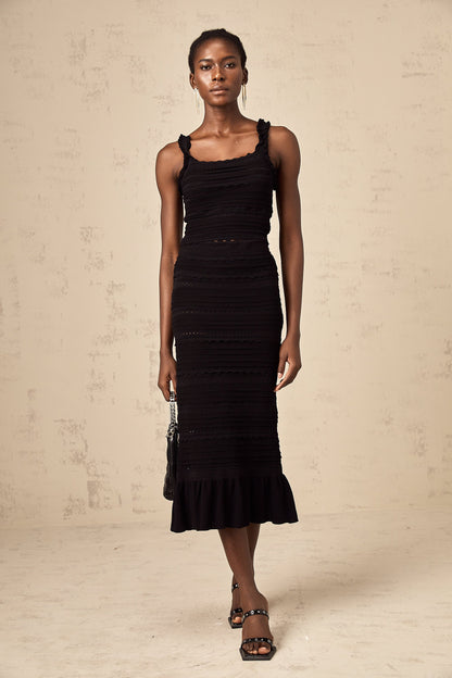 Céleste black knitted ruffled top & skirt matching set
