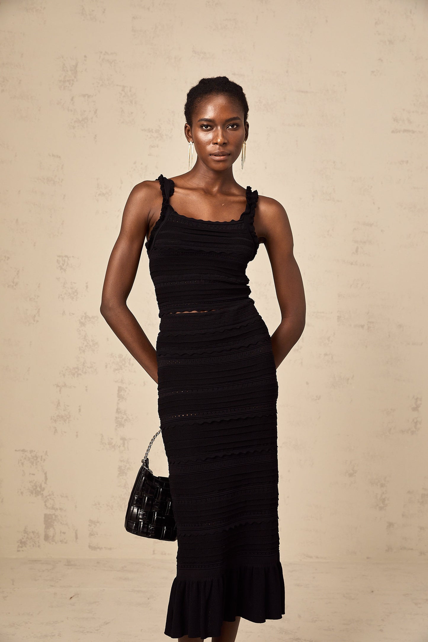 Céleste black knitted ruffled top & skirt matching set