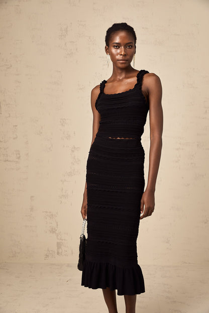 Céleste black knitted ruffled top & skirt matching set
