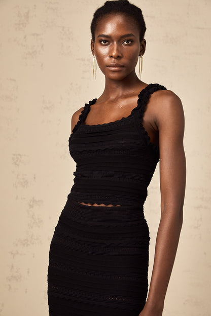 Céleste black knitted ruffled top & skirt matching set