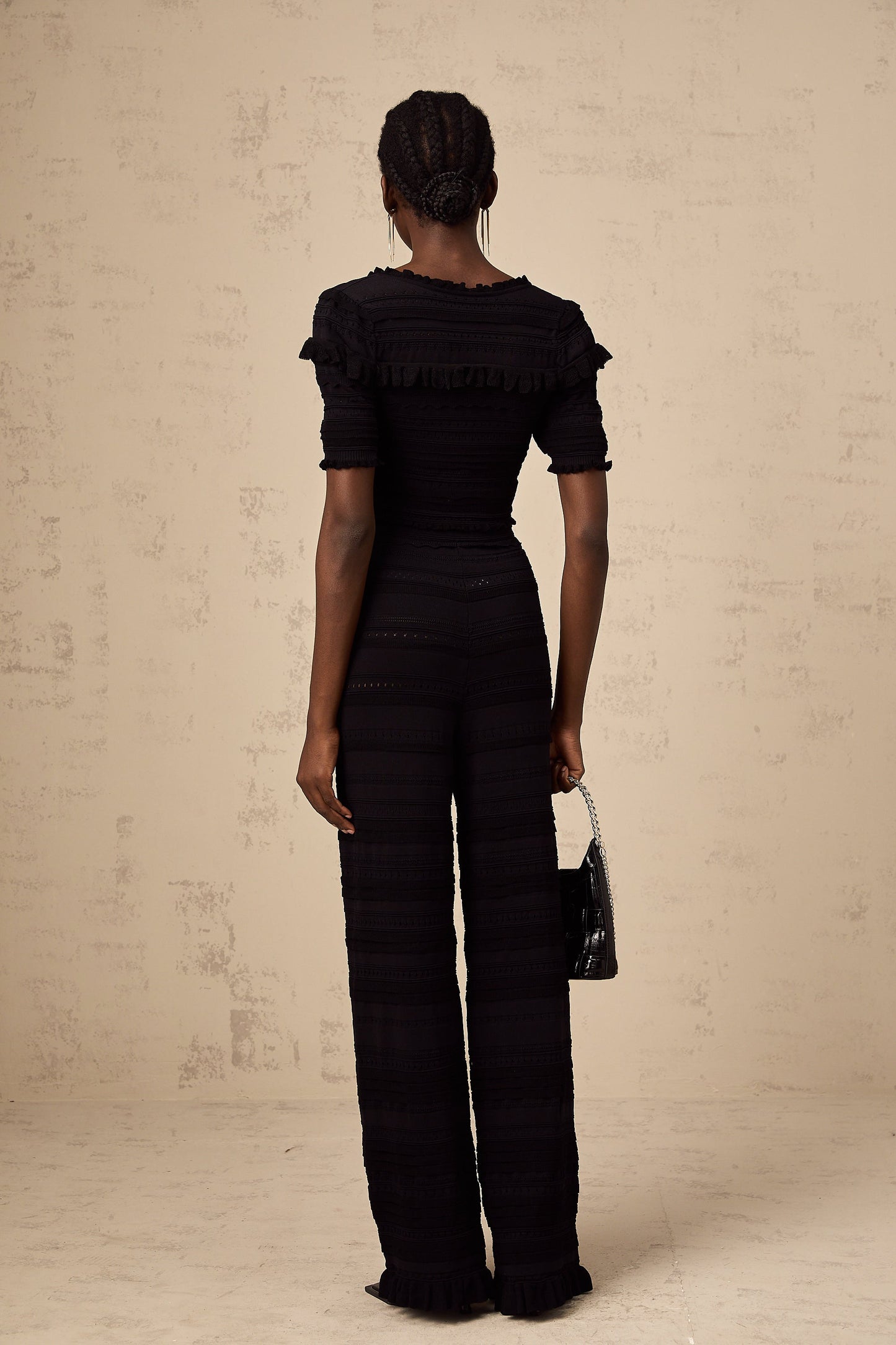 Charlotte black knitted ruffled top & trousers matching set