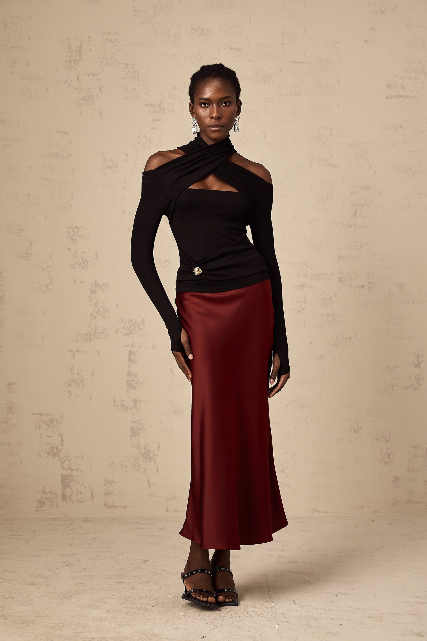 Vanessa red flared satin skirt