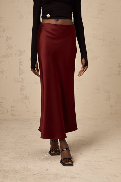 Vanessa red flared satin skirt
