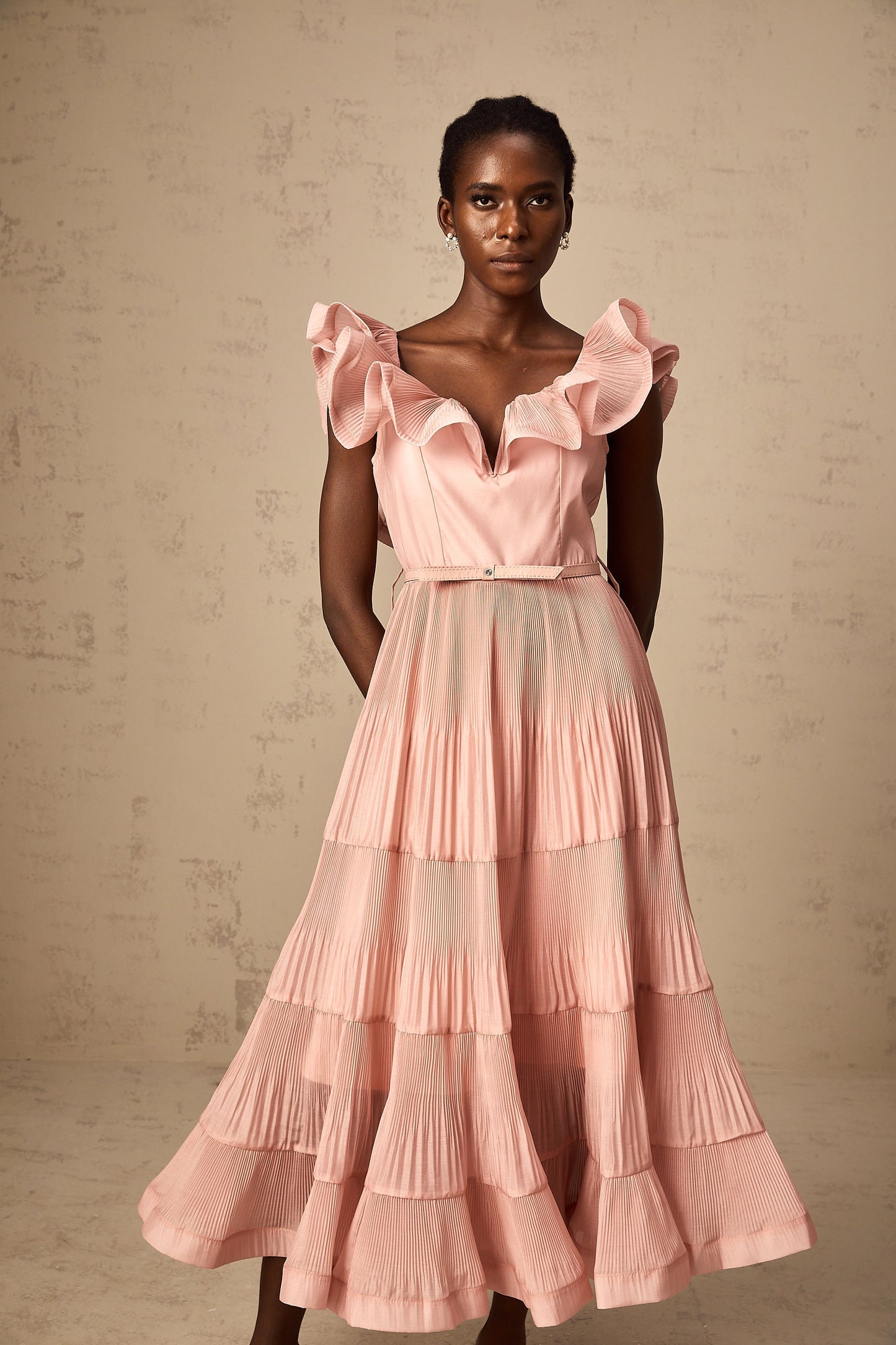 Valentina coral-pink pleated frilled midi dress