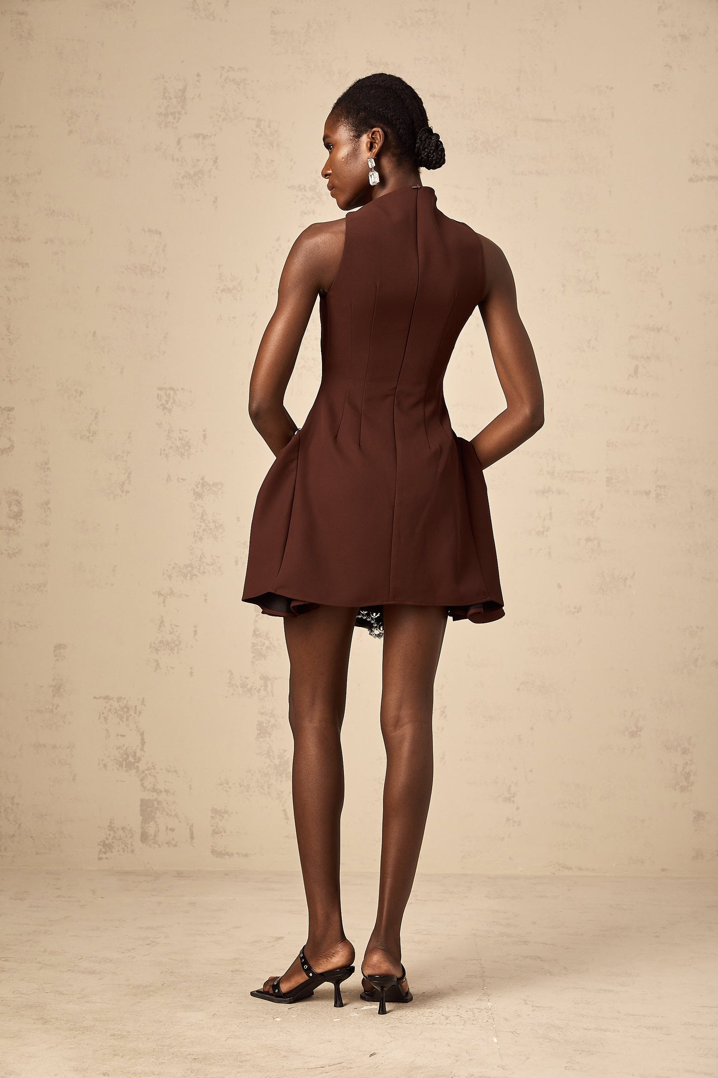 Jenifier brown asymmetrical-neck puff mini dress