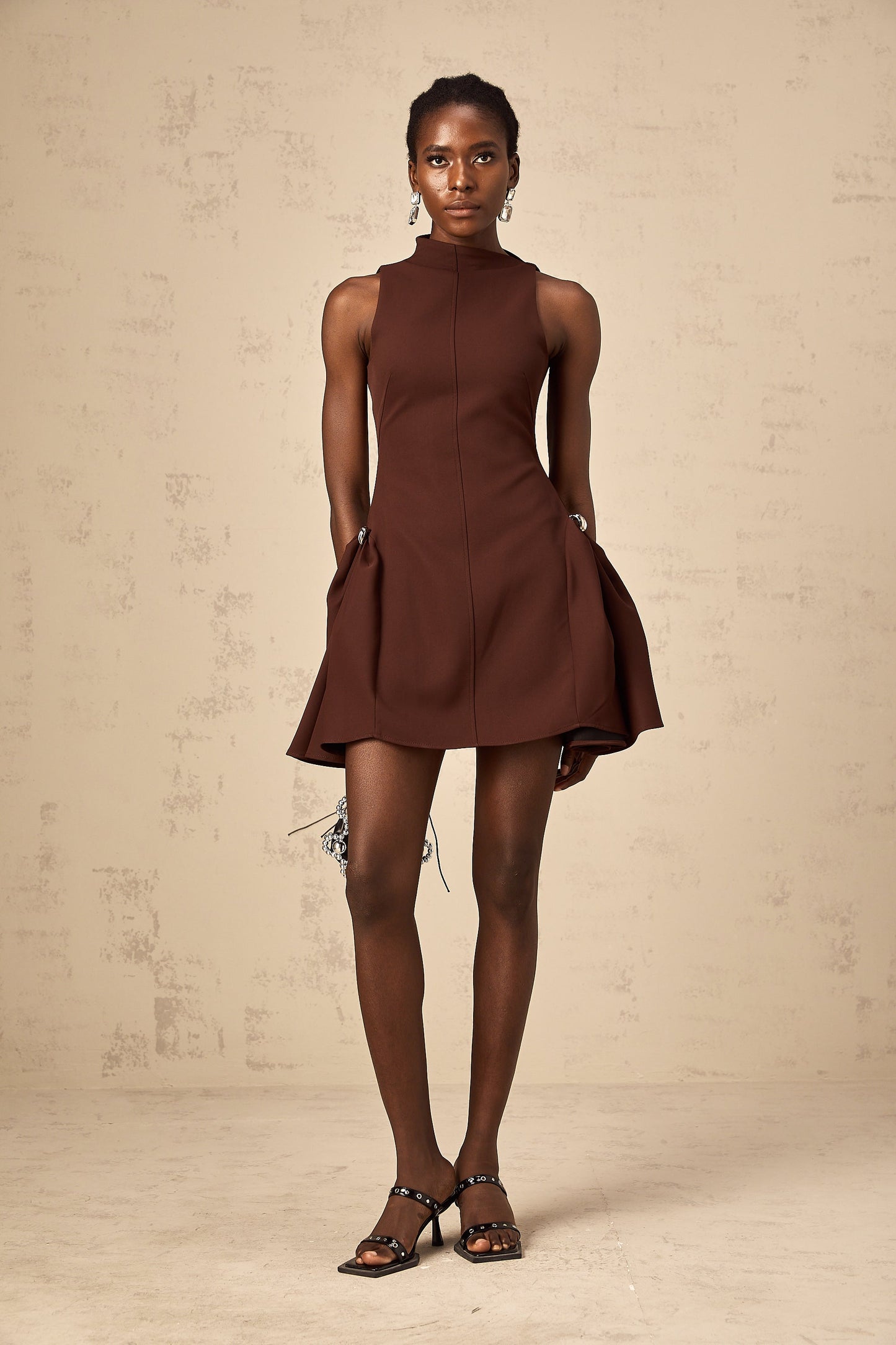Jenifier brown asymmetrical-neck puff mini dress