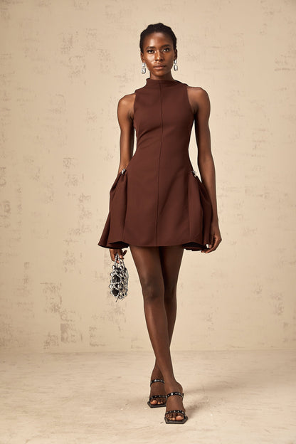 Jenifier brown asymmetrical-neck puff mini dress