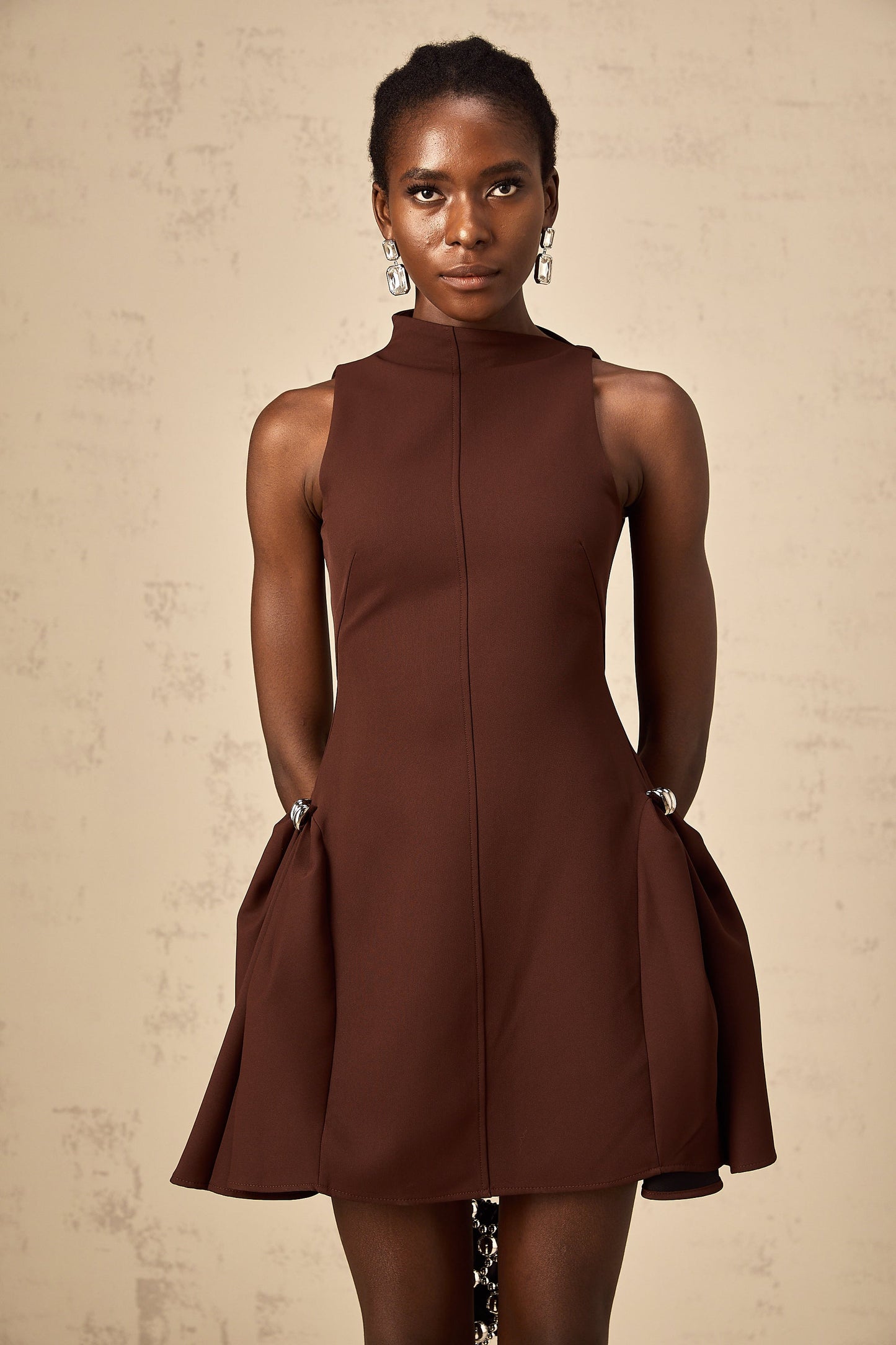 Jenifier brown asymmetrical-neck puff mini dress