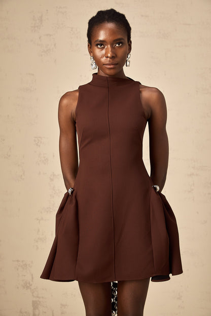 Jenifier brown asymmetrical-neck puff mini dress