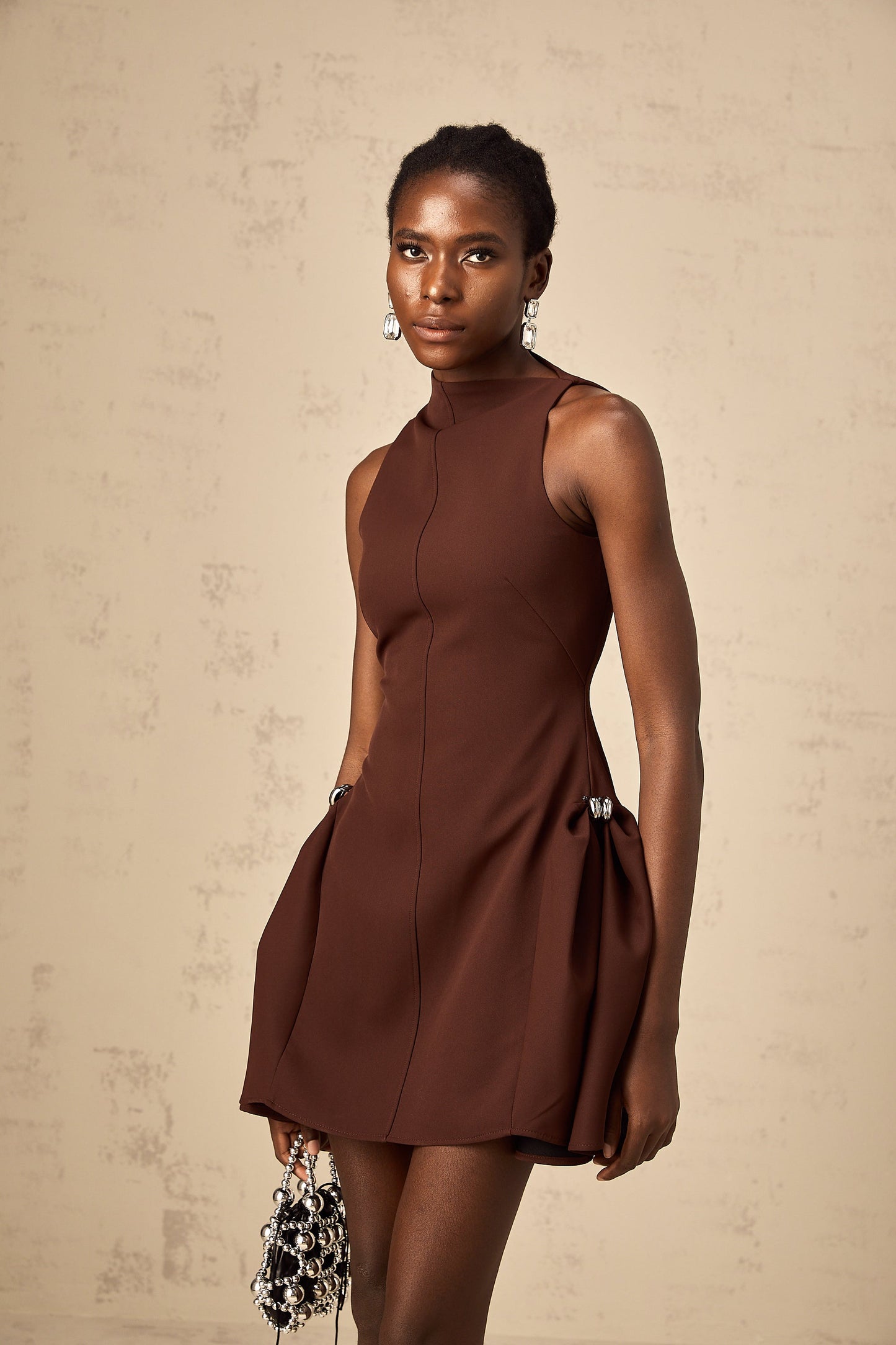 Jenifier brown asymmetrical-neck puff mini dress