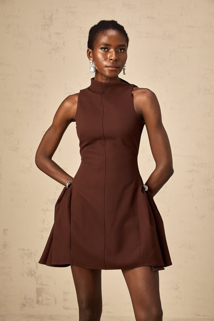 Jenifier brown asymmetrical-neck puff mini dress