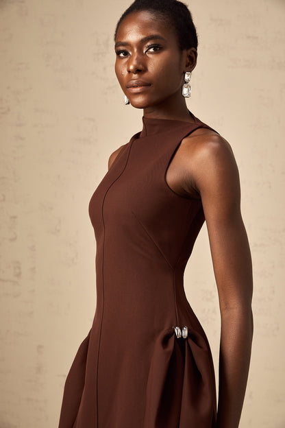 Jenifier brown asymmetrical-neck puff mini dress