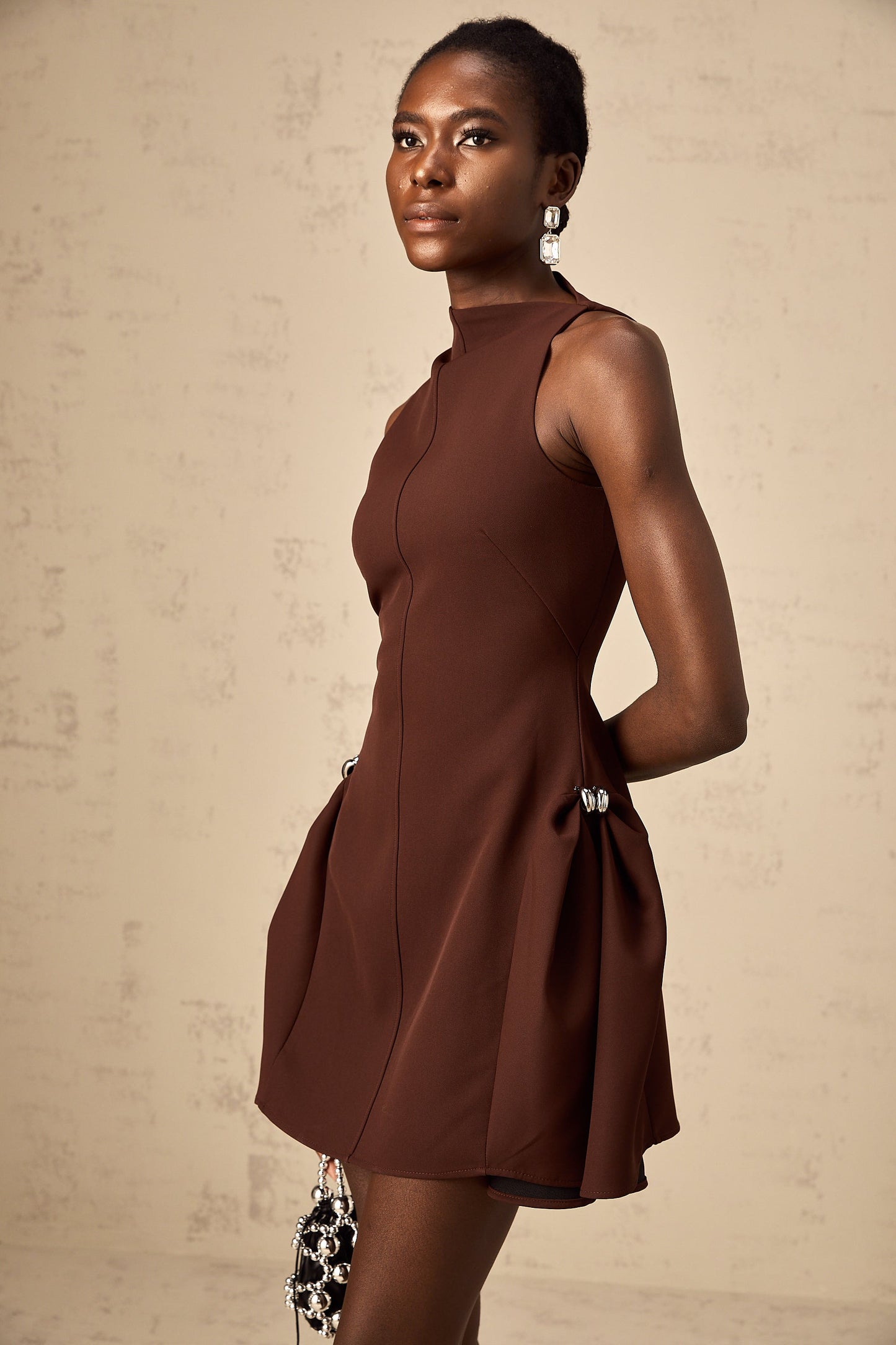 Jenifier brown asymmetrical-neck puff mini dress