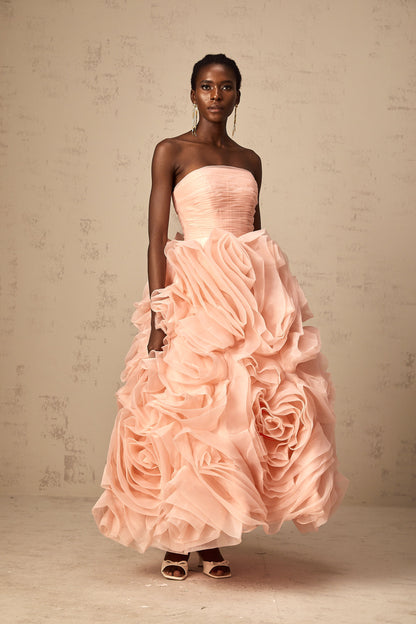 Leane Pink Off-Shoulder Tulle Midi Dress with 3D Petal Detail