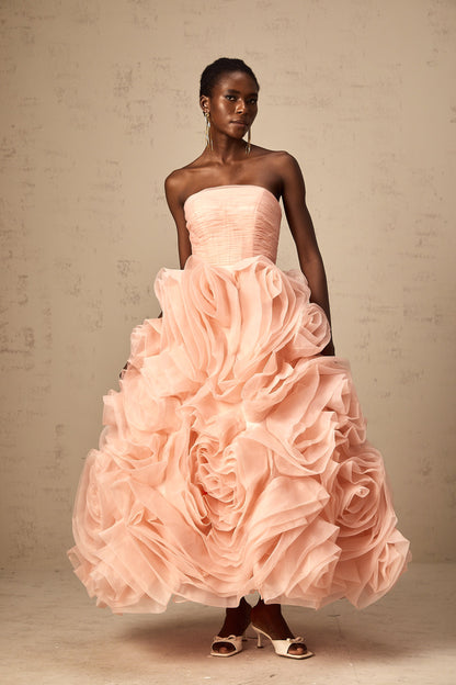 Leane Pink Off-Shoulder Tulle Midi Dress with 3D Petal Detail
