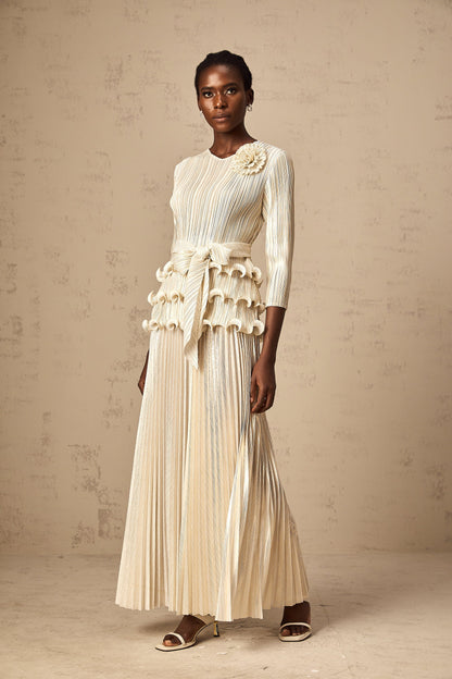Cloris floral-appliqué ruffled pleated top & trousers
