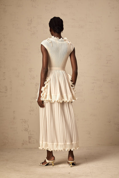 Diana white ruffle pleated sleeveless maxi dress