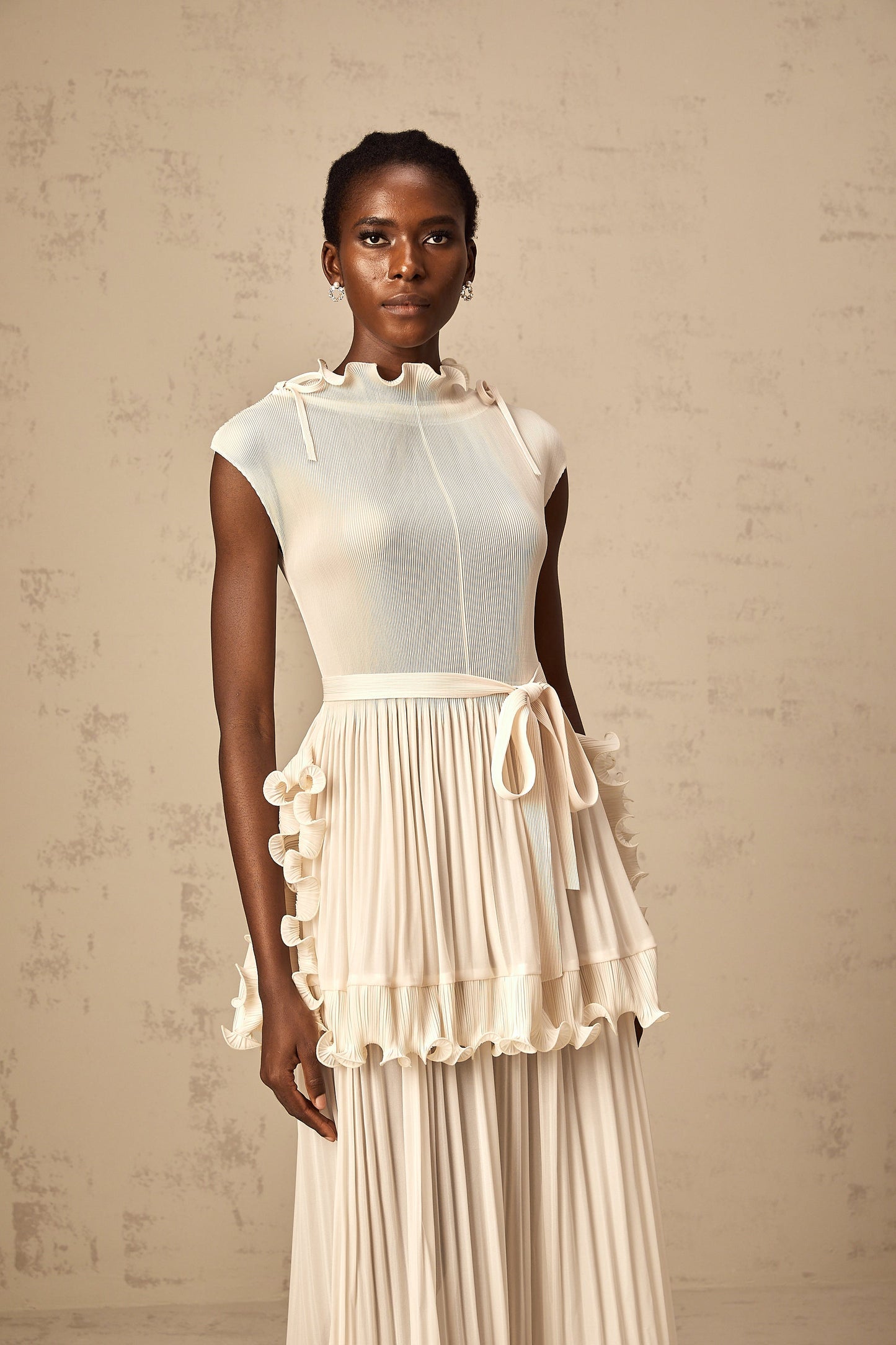 Diana white ruffle pleated sleeveless maxi dress