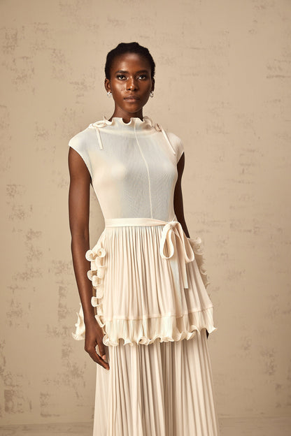 Diana white ruffle pleated sleeveless maxi dress