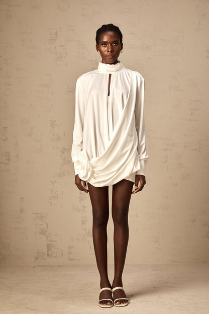 Maeva faux-flower ruched mini dress in White