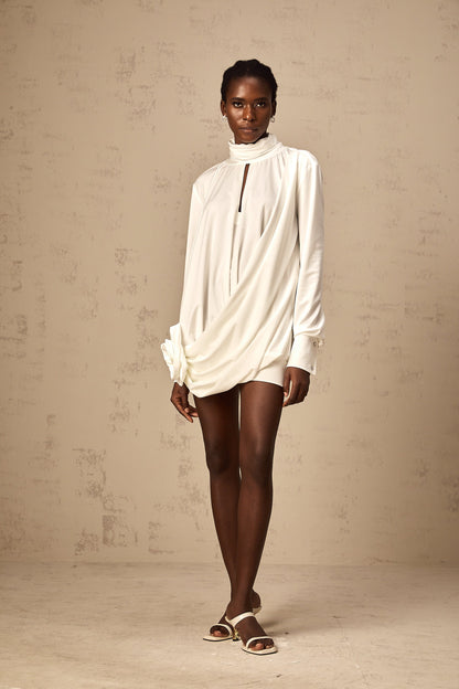 Maeva faux-flower ruched mini dress in White