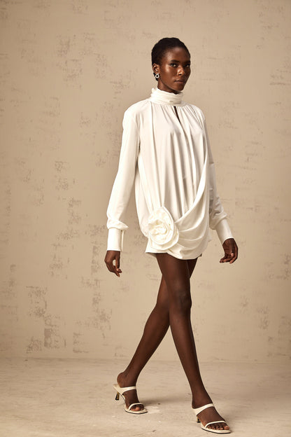 Maeva faux-flower ruched mini dress in White