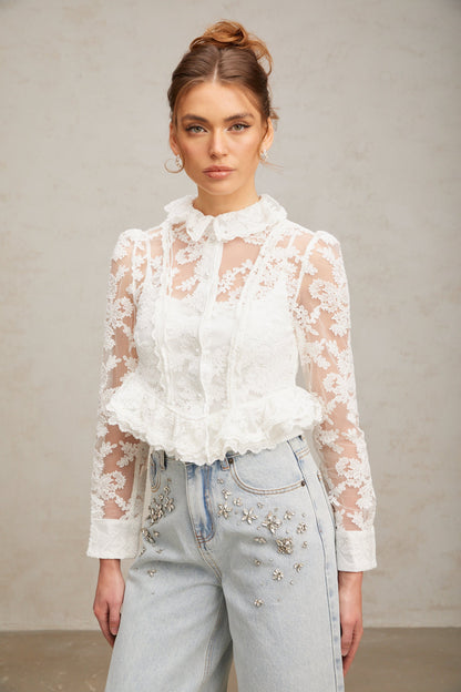 Karine white floral-embroidered lace blouse