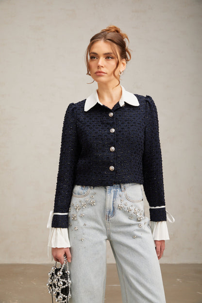 Doriane navy-blue panelled tweed jacket