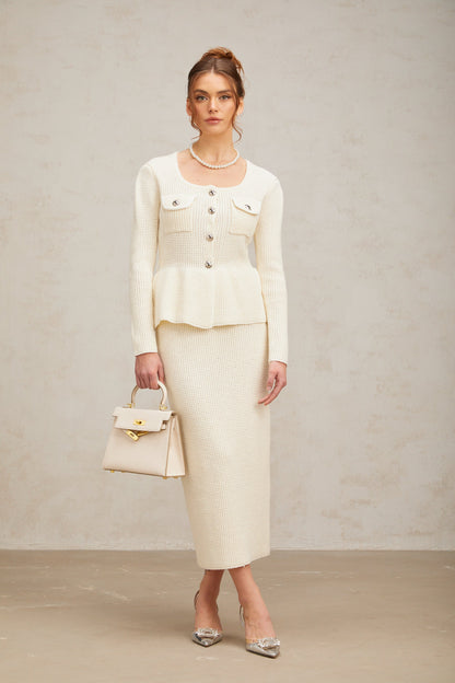 Manon white knitted top & skirt matching set