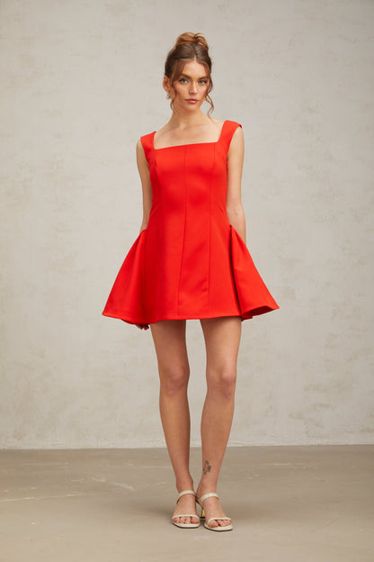 Margherita square-neck puff mini dress in Red