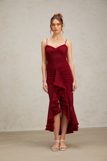 Viviane ruffle draped maxi dress in Red