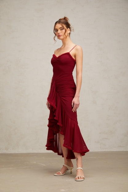Viviane ruffle draped maxi dress in Red