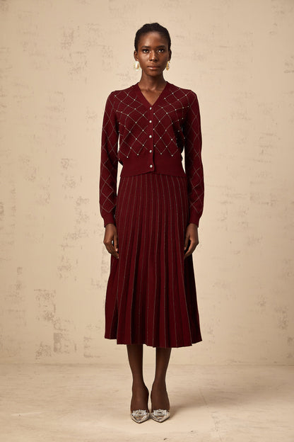 Laurine red embellished argyle intarsia knit cardigan & skirt matching set