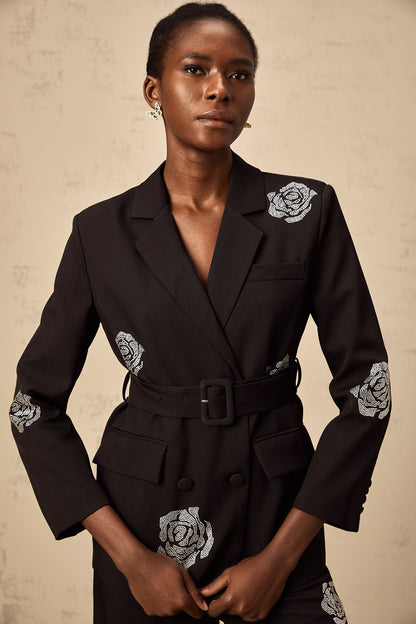 Phoebe black studded-rose blazer & trousers matching set