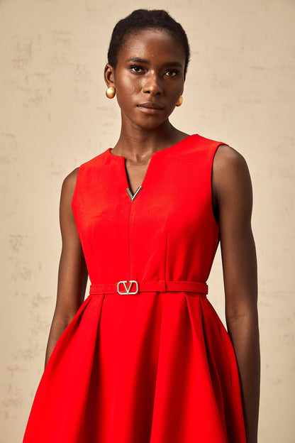 Quiana red split-neck cinched-waist mini dress