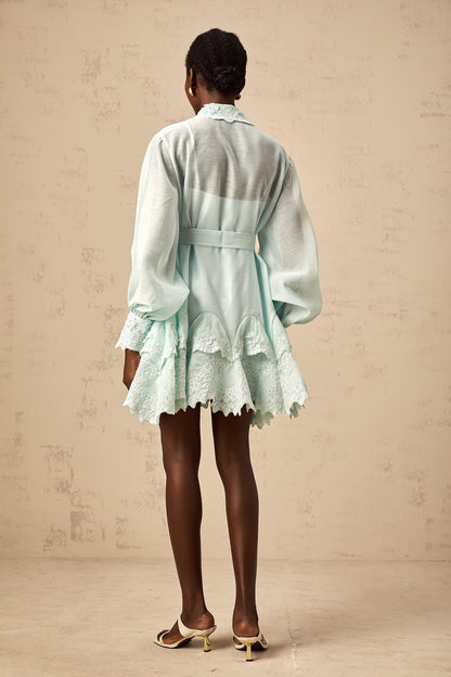 Ivana green lace-panel mini shirt dress