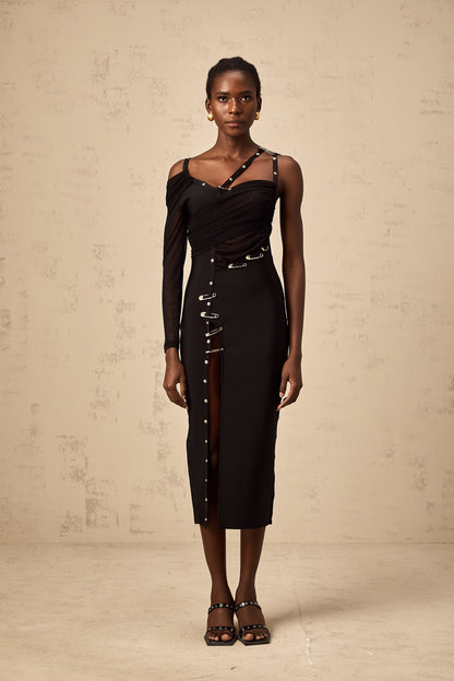Louise black cut-out asymmetrical midi dress