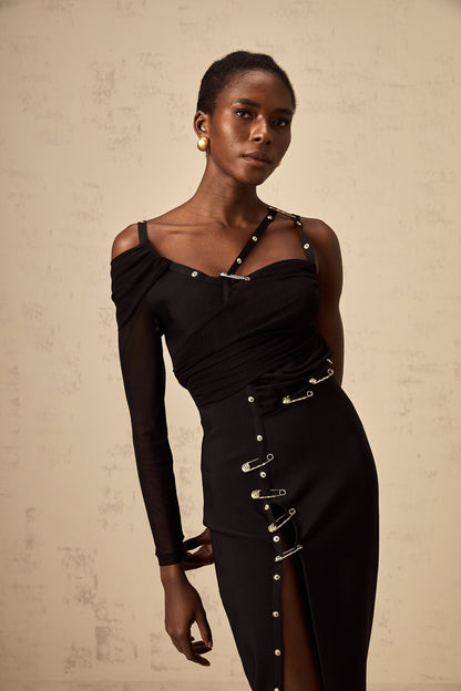 Louise black cut-out asymmetrical midi dress
