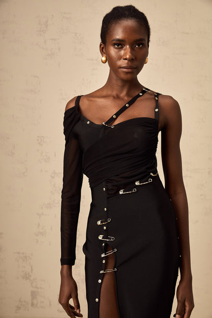 Louise black cut-out asymmetrical midi dress