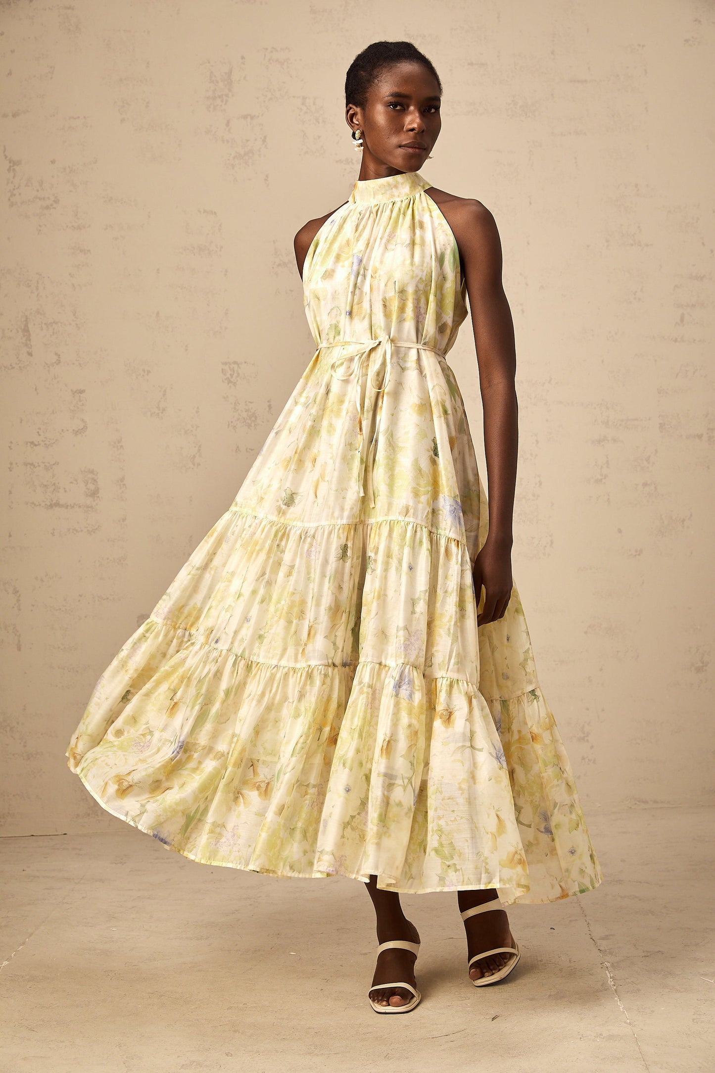 Ulani floral-print sleeveless midi dress in Yellow