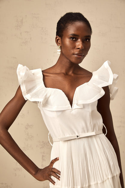 Éliane white frilled neckline pleated mini dress