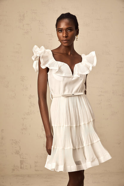 Éliane white frilled neckline pleated mini dress