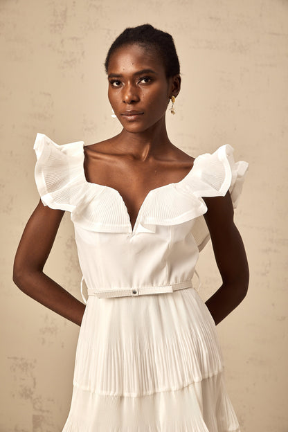 Éliane white frilled neckline pleated mini dress