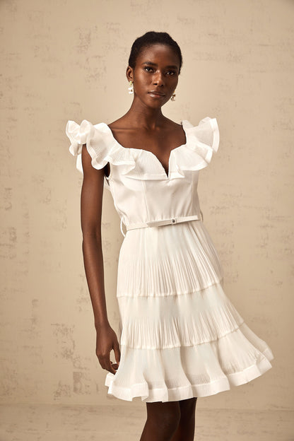 Éliane white frilled neckline pleated mini dress