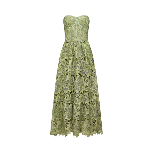 Inès lace floral embroidered cut-out midi dress in Green