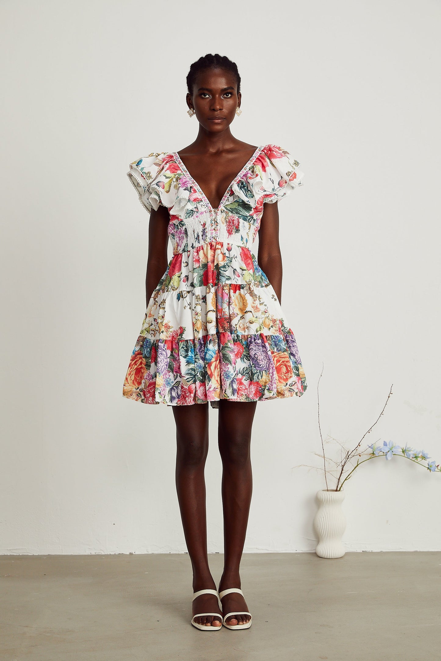 Saige ruffled floral-print mini dress in White