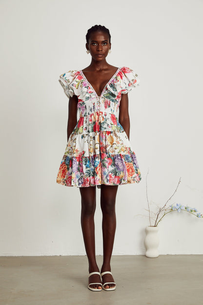 Saige ruffled floral-print mini dress in White