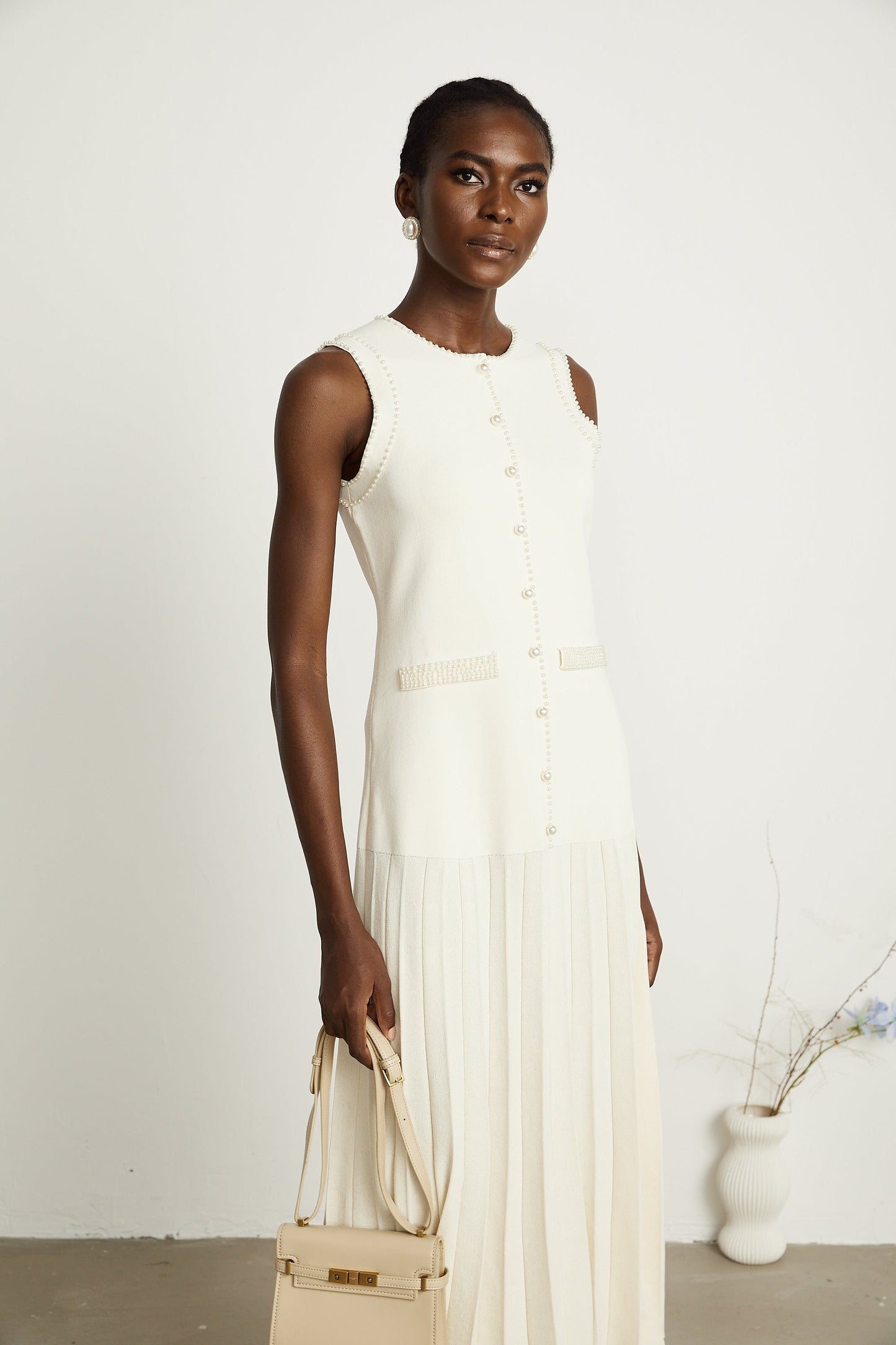 Léocadie white knitted faux-pearl midi dress